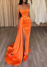 Crystal | Black Orange Mermaid Corset Strapless Formal Dress with Slit - Orange - PromDressClub
